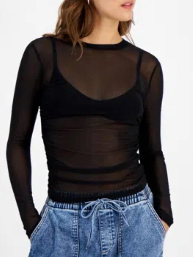 Just Polly Black Mesh Long Sleeve Top Medium